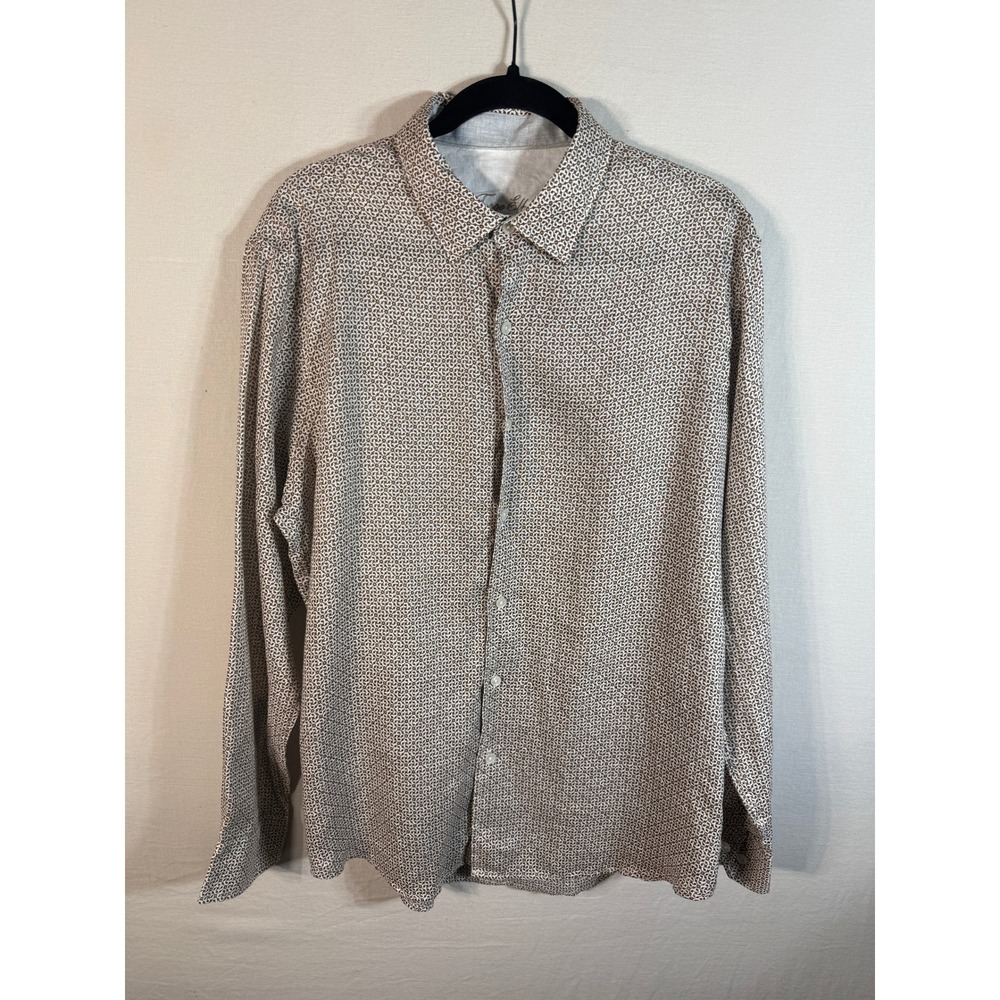 Tasso Elba Mens 100% Linen Long Sleeve Geometric Button Down Shirt Brown Large